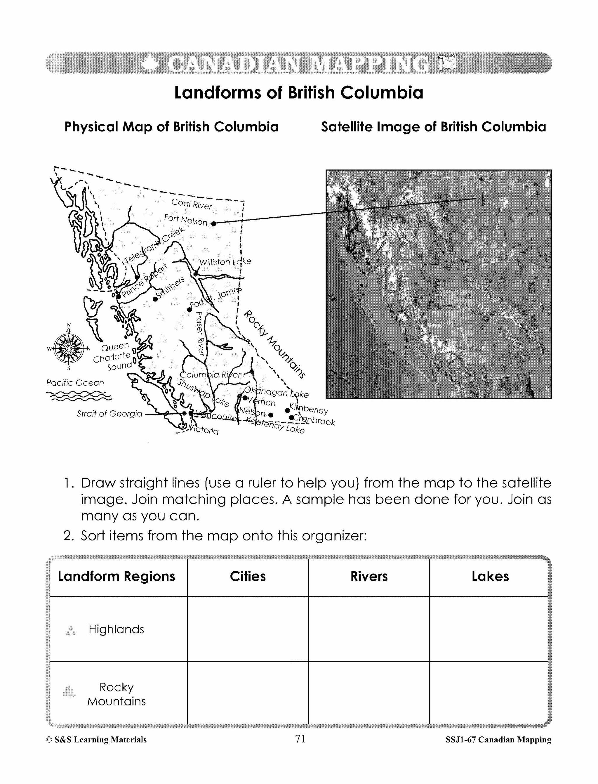 Major Landforms & Bodies of Water in Canada Mapping Worksheets Grades 2-3