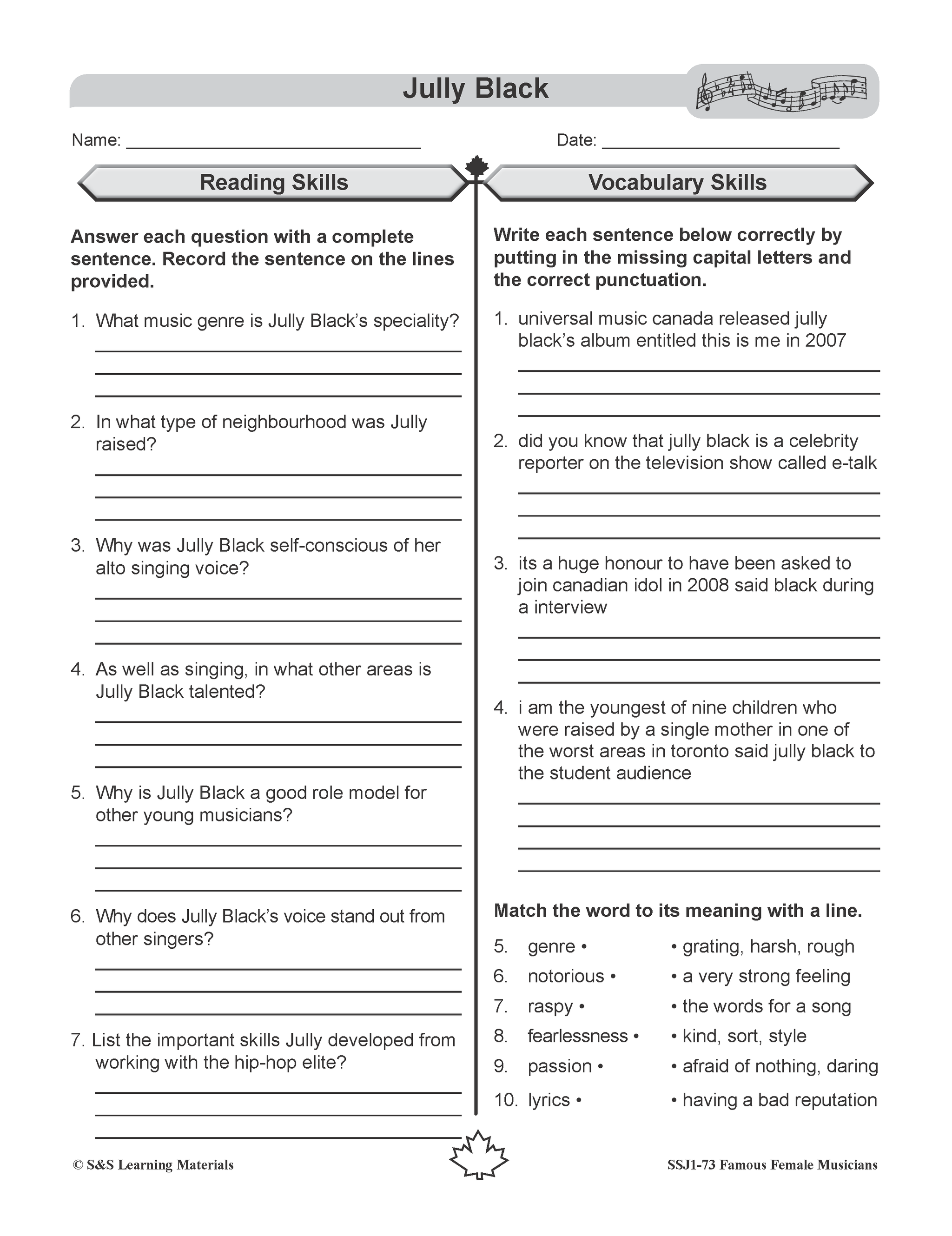 Jully Black - Famous Canadian Singer Reading Lesson Grades 4-8