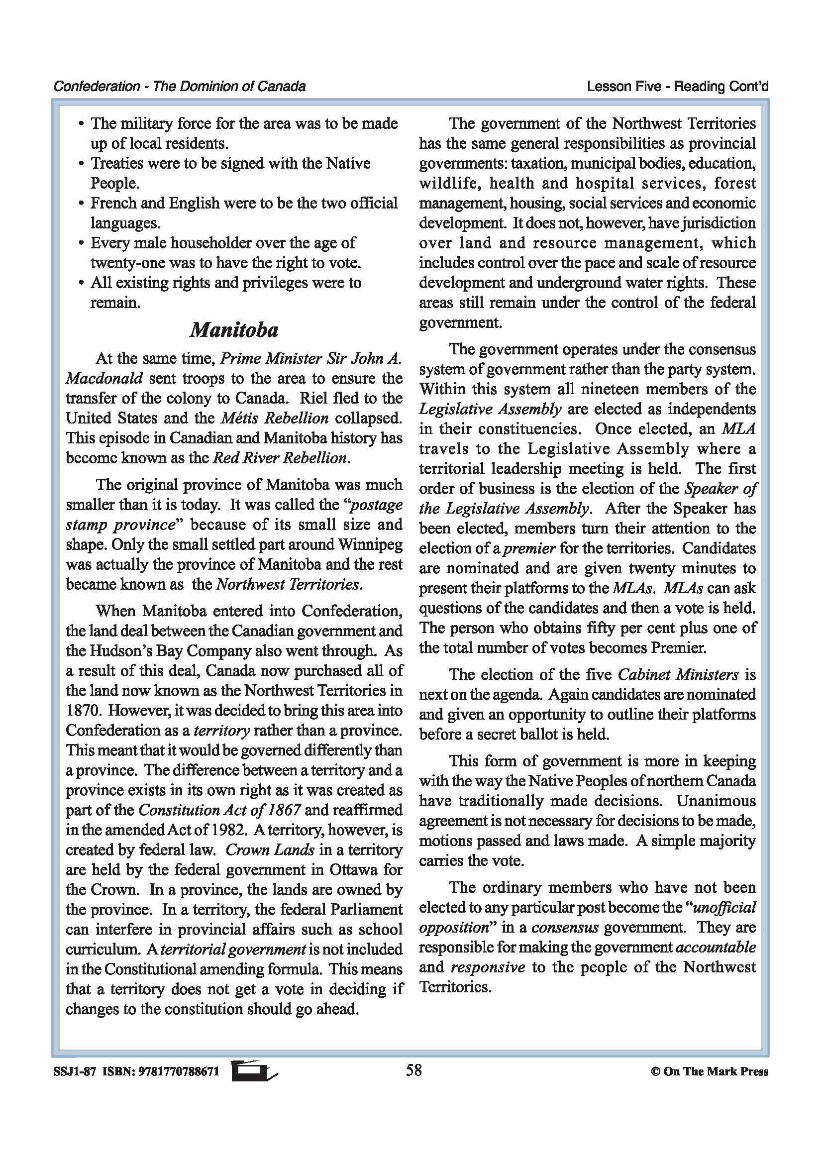 Manitoba, Louis Riel and the Northwest Territories Lesson Grades 7-8