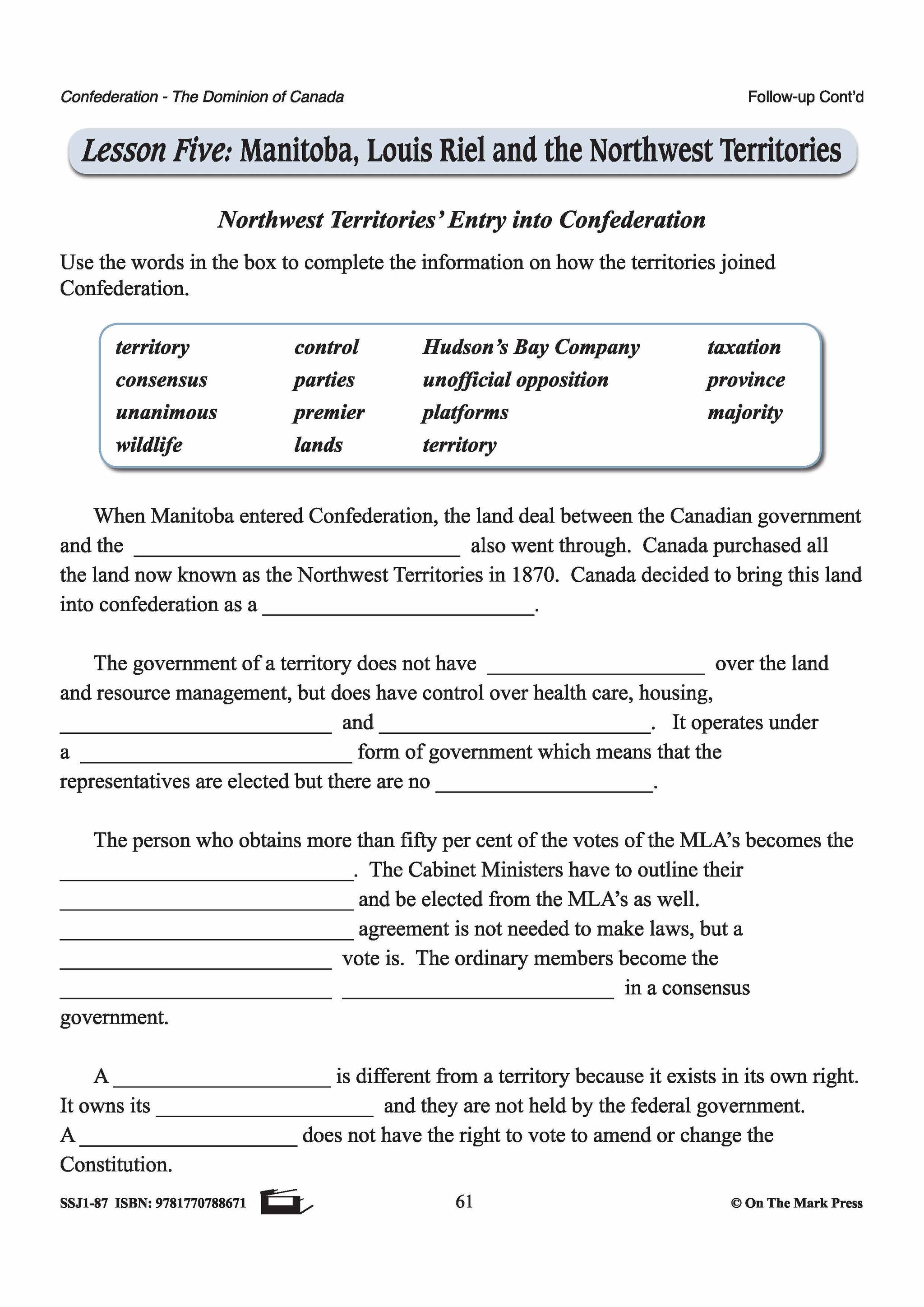 Manitoba, Louis Riel and the Northwest Territories Lesson Grades 7-8