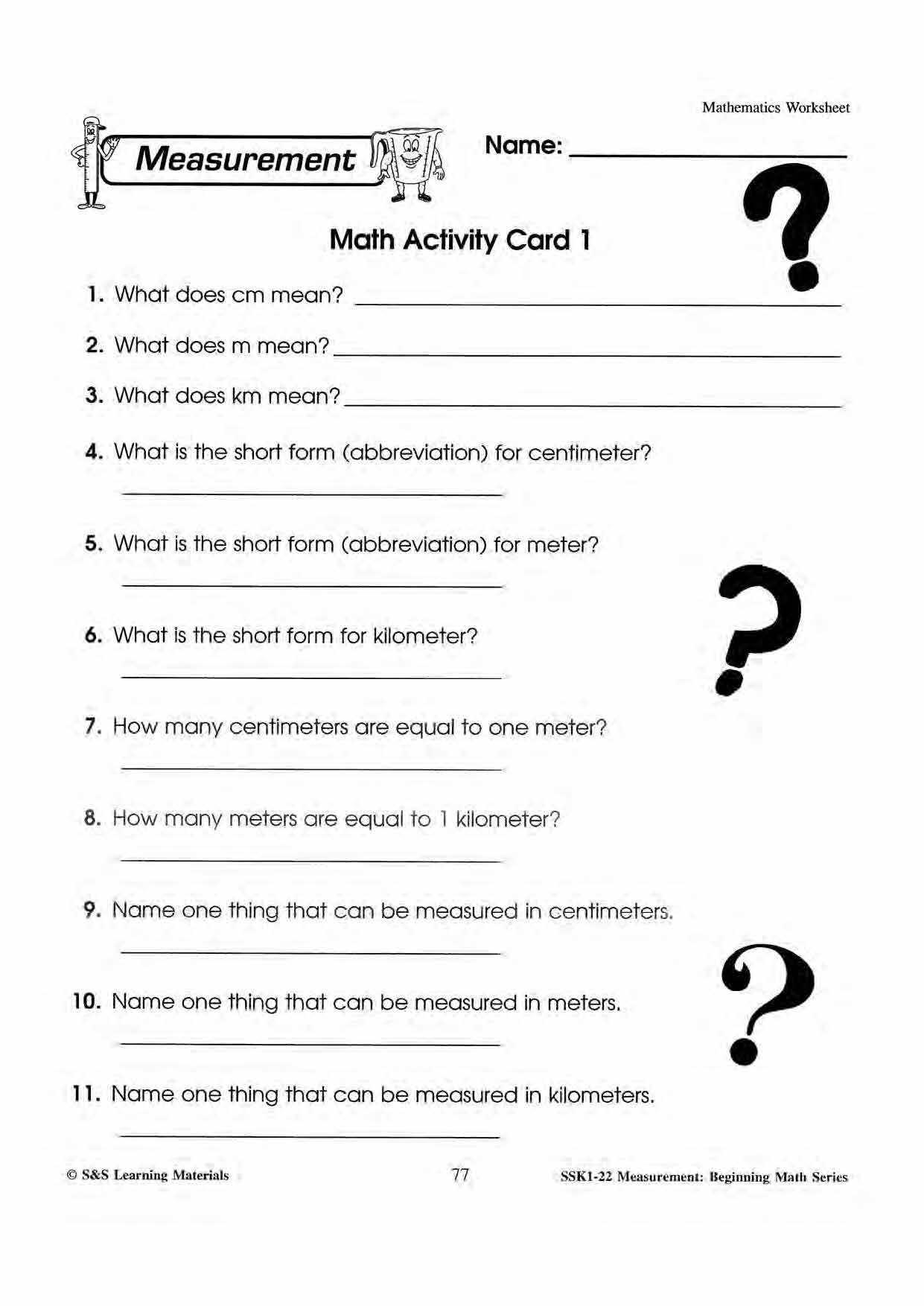 Measurment Worksheets & Word Problems Grades 1-3
