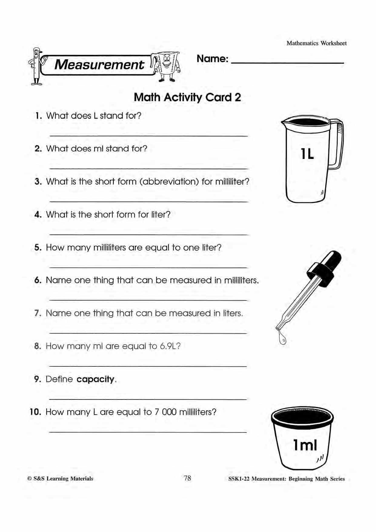 Measurment Worksheets & Word Problems Grades 1-3