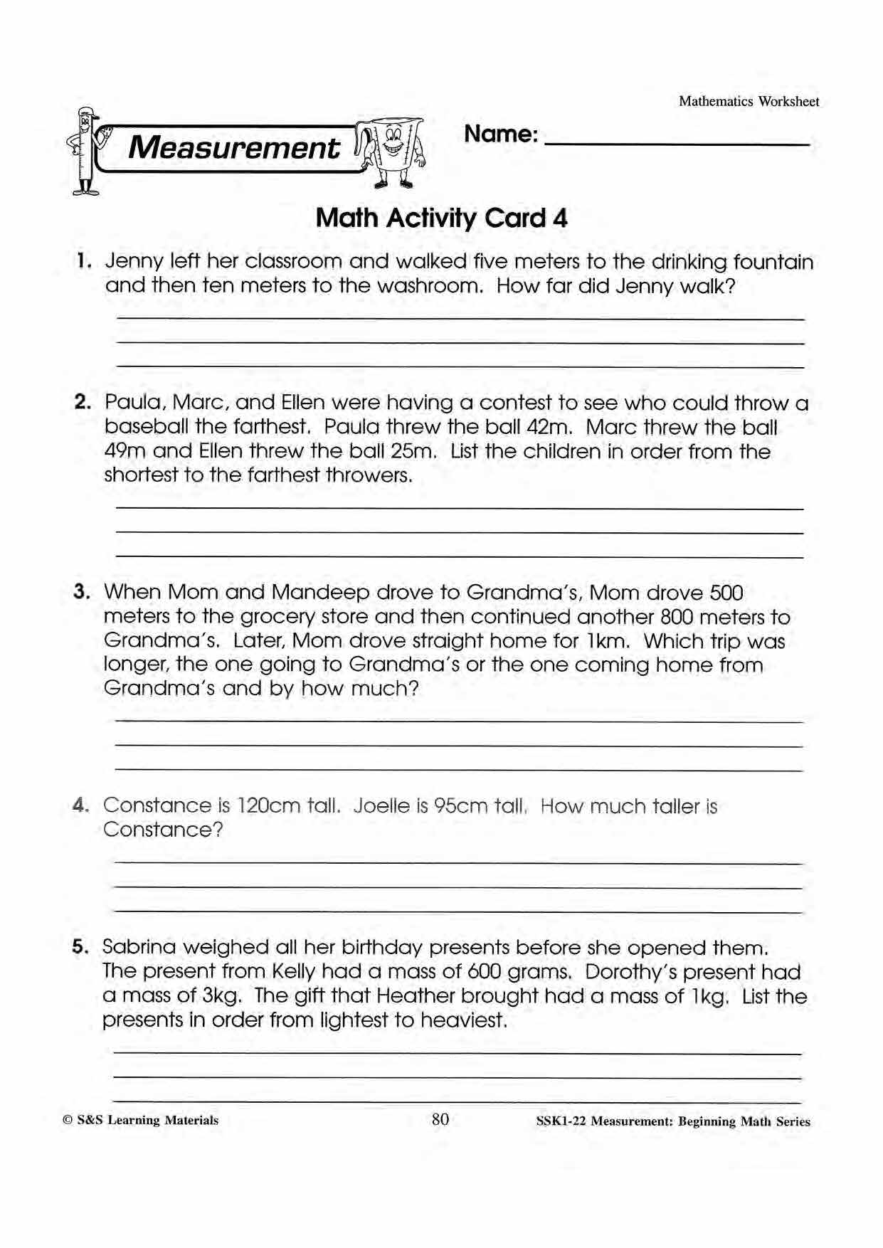 Measurment Worksheets & Word Problems Grades 1-3