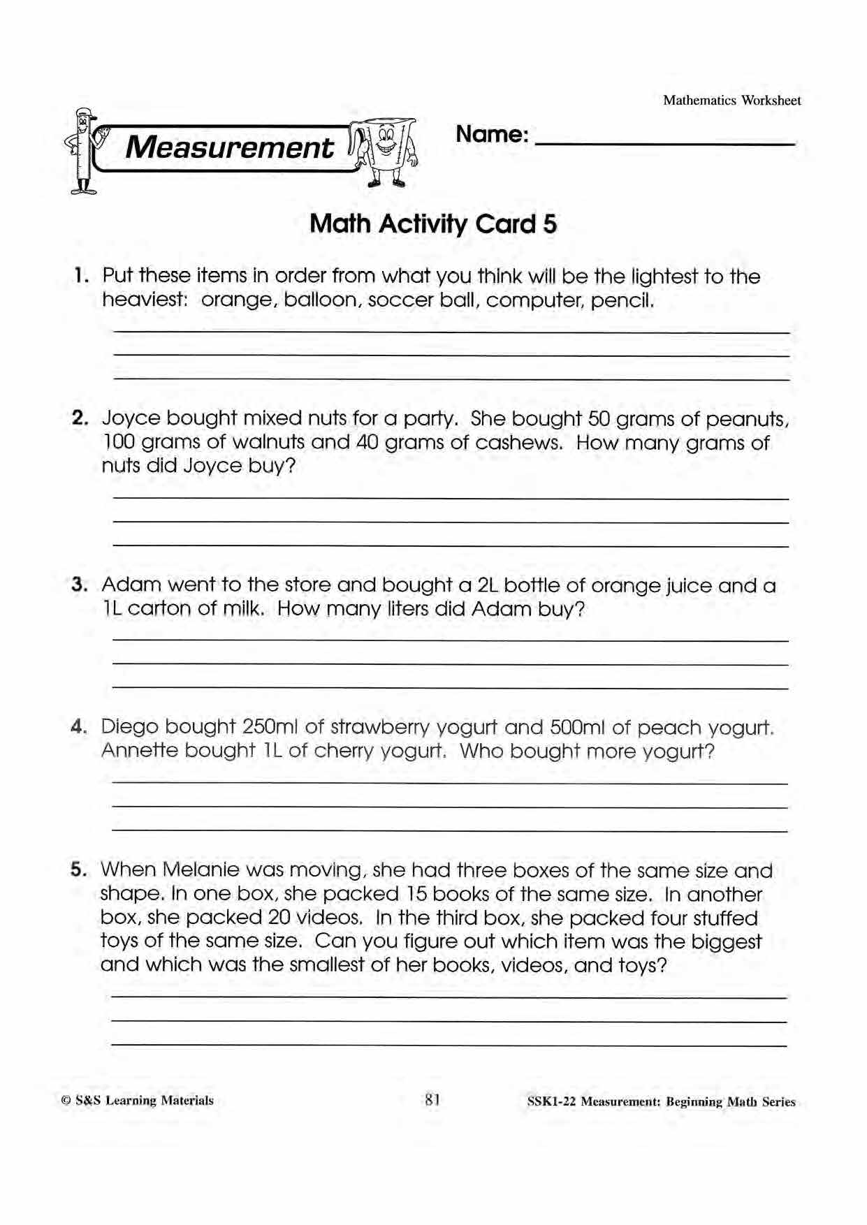 Measurment Worksheets & Word Problems Grades 1-3