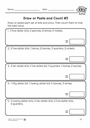 Canadian Money: Draw or Paste & Count Grades 3-4 Worksheets & Money Masters