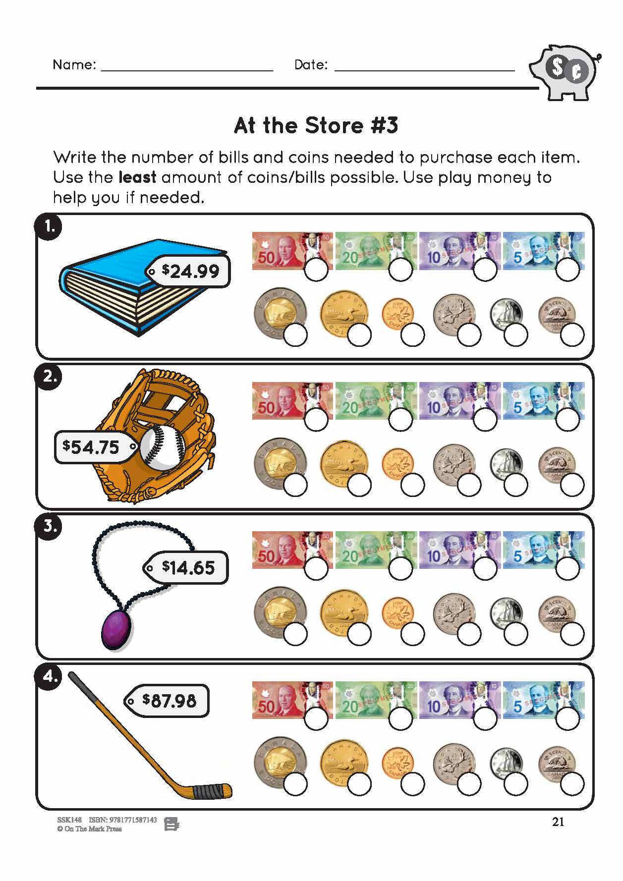 Canadian Money: At the Store Grades 3-4: 4 Worksheets & Money Masters