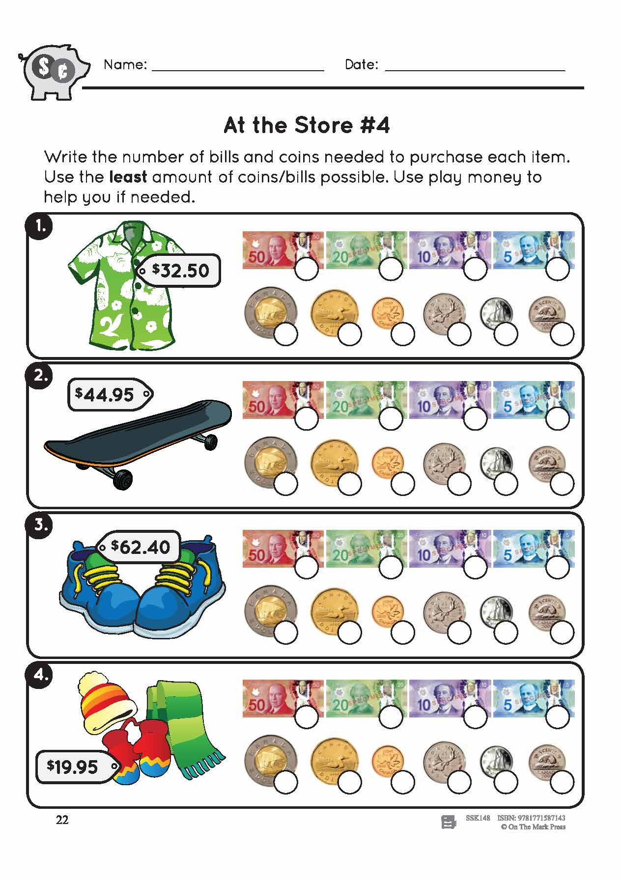 Canadian Money: At the Store Grades 3-4: 4 Worksheets & Money Masters