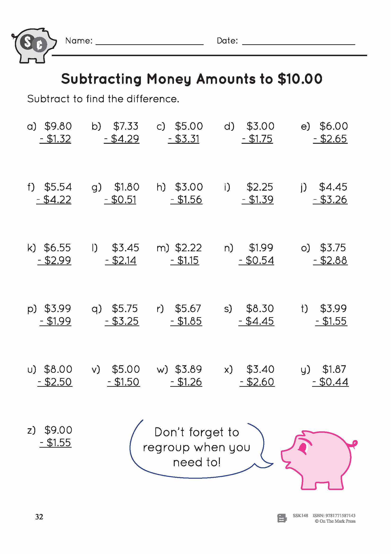 Adding & Subtracting Canadian Money Amounts up to $10 Grade 3 - 4 Worksheets