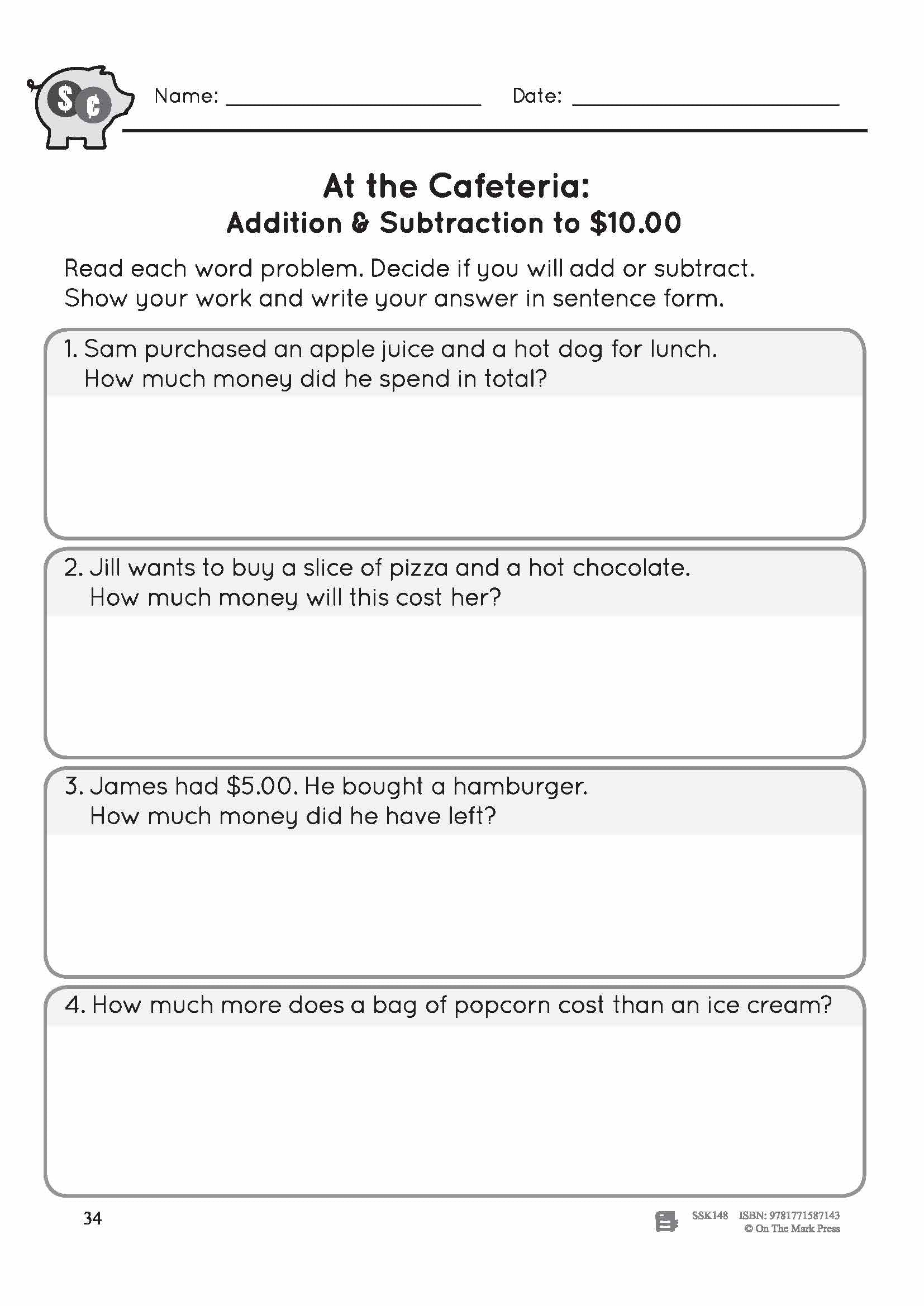 Adding & Subtracting Canadian Money Amounts up to $10 Grade 3 - 4 Worksheets