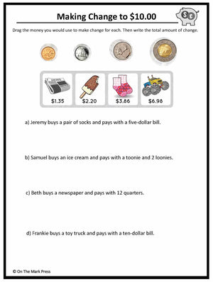 Making Change to $10 with Canadian Money - 4 Worksheets Grades 3-4