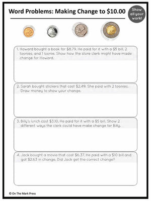 Making Change to $10 with Canadian Money - 4 Worksheets Grades 3-4