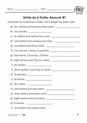 Canadian Money: Write as a Dollar Amount - 2 Worksheets Grades 3-4