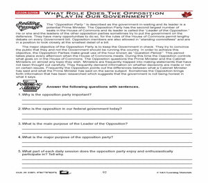 Canadian Government Lesson: What Role Does the Oppositon in our Government? Grades 5+