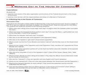 Canadian Government: A Working Day In The House Of Commons Gr. 5-8