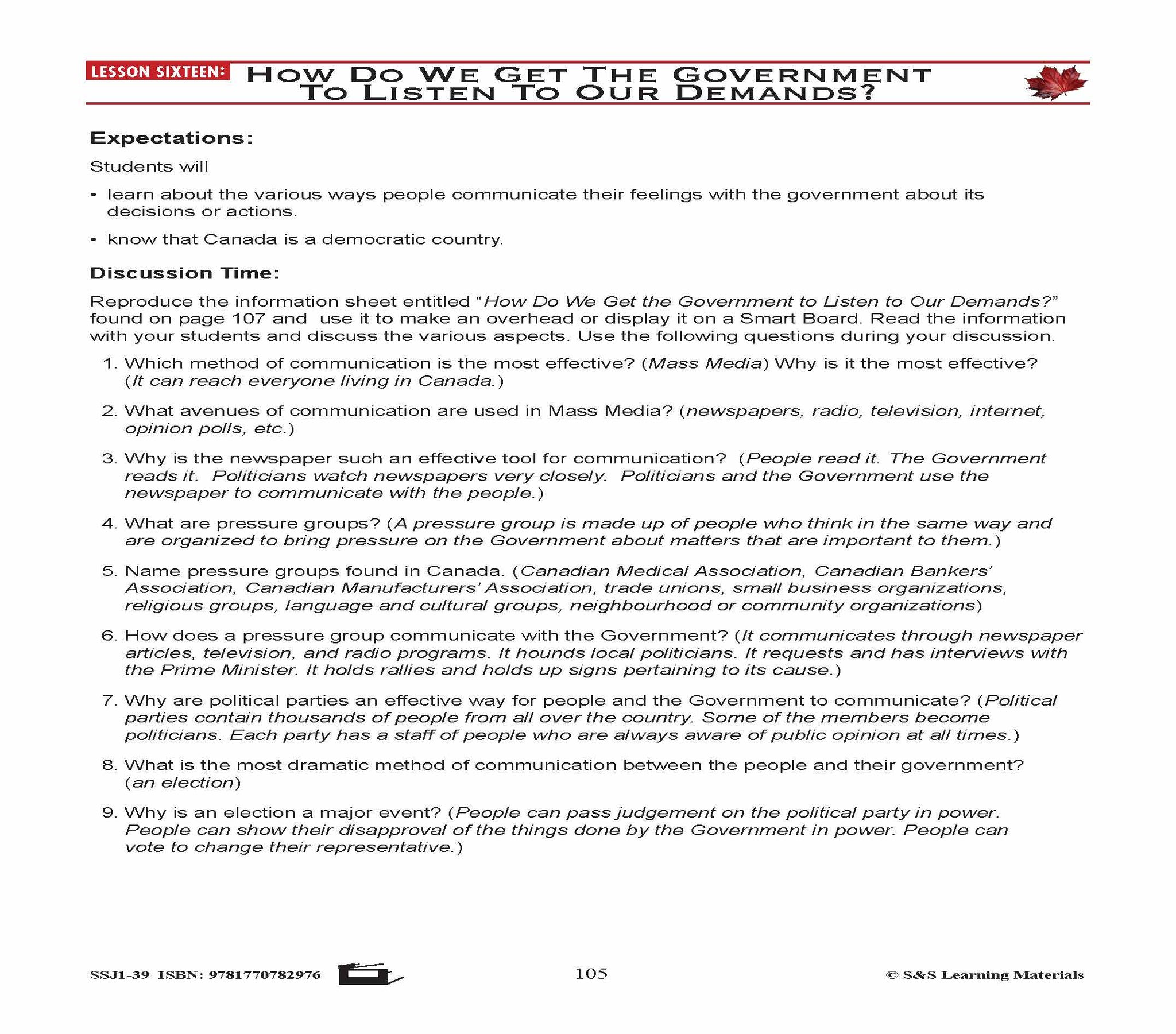 Canadian Government Lesson: How do we get the Government to Listen to our Demands? Grades 5+