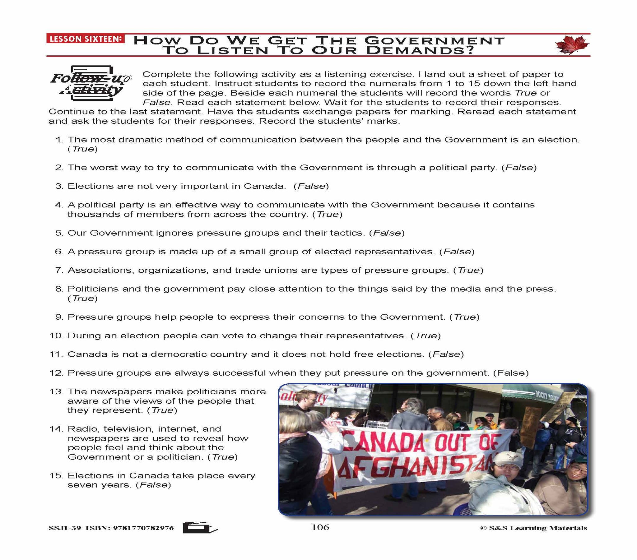 Canadian Government Lesson: How do we get the Government to Listen to our Demands? Grades 5+