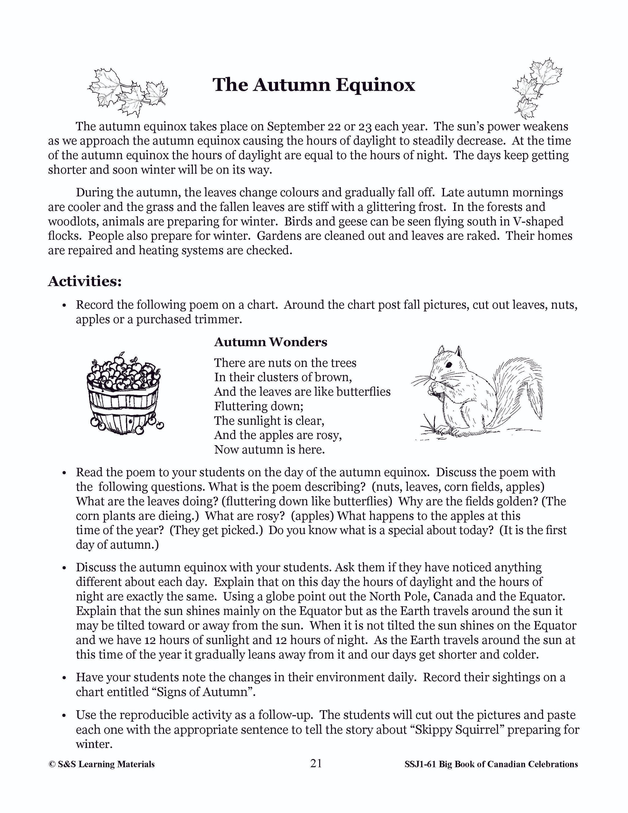 Autumn Equinox Activity Grades 1-3 Teacher Directed Lesson & Activities