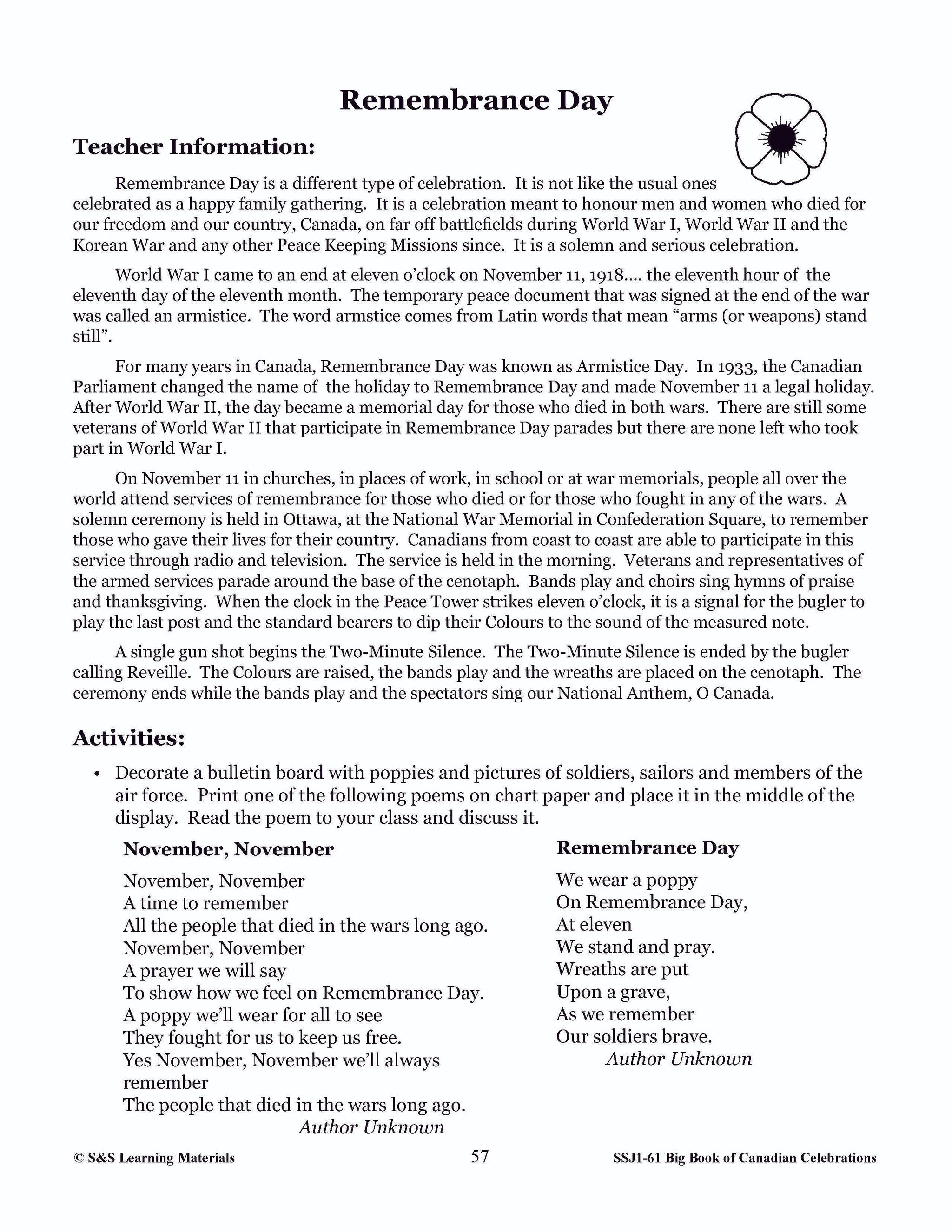 Remembrance Day Gr. 1-3 Teacher Directed Lesson & Activities