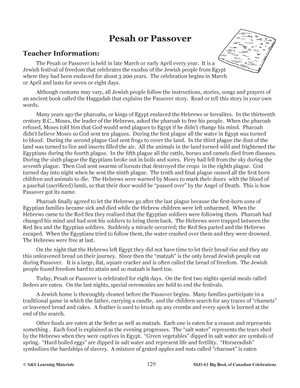 Passover Grades 1-3 Teacher Directed Lesson & Activities