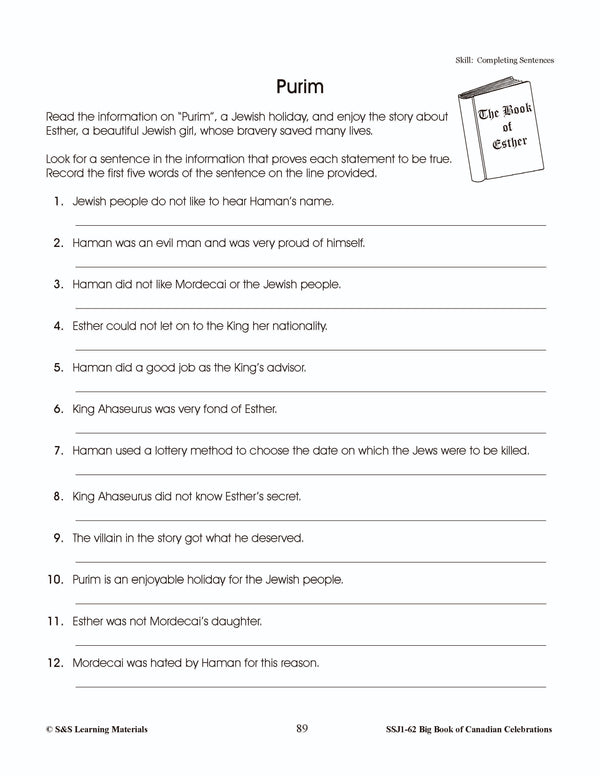 Purim Gr. 4-6 Information and Worksheets