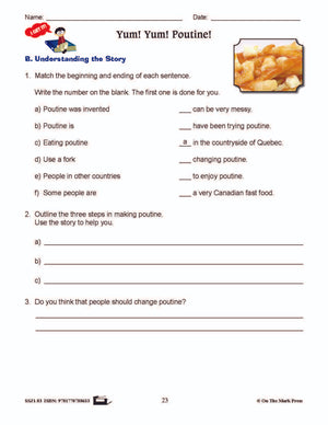Yum! Yum! Poutine! Reading Story and Worksheets Grade 3