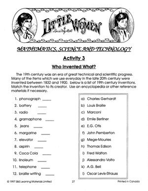 Little Women, by Louisa May Alcott Novel Study Guide Gr. 7-8