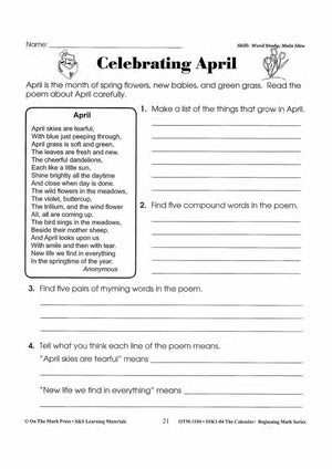 Monthly Calendar Poetry Activities Grades 1-3