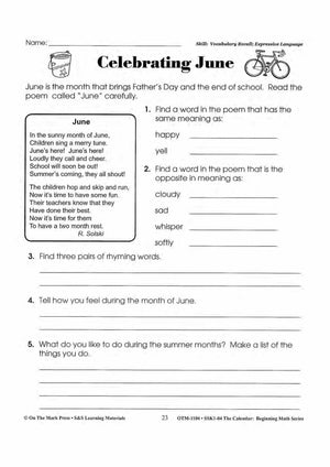 Monthly Calendar Poetry Activities Grades 1-3