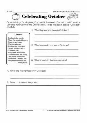 Monthly Calendar Poetry Activities Grades 1-3