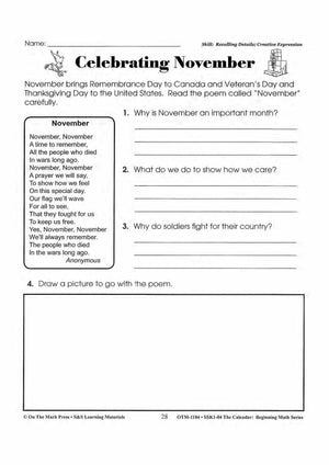 Monthly Calendar Poetry Activities Grades 1-3