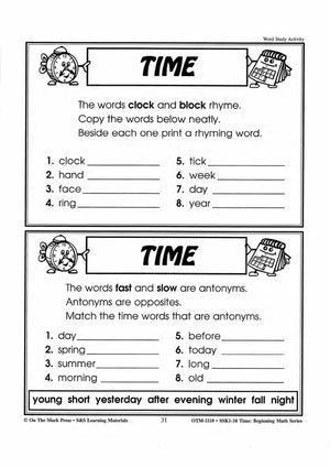 Time Word Study Activities Grades 1-3