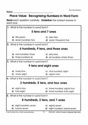 Place Value Worksheets Grades 1-3