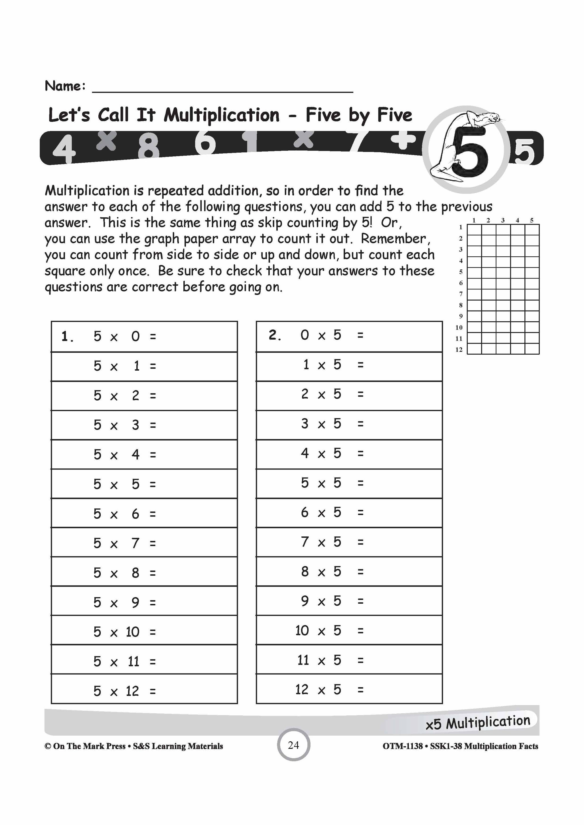 Multiplication Facts 1,2,5, & 10 Worksheets Grades 3-5