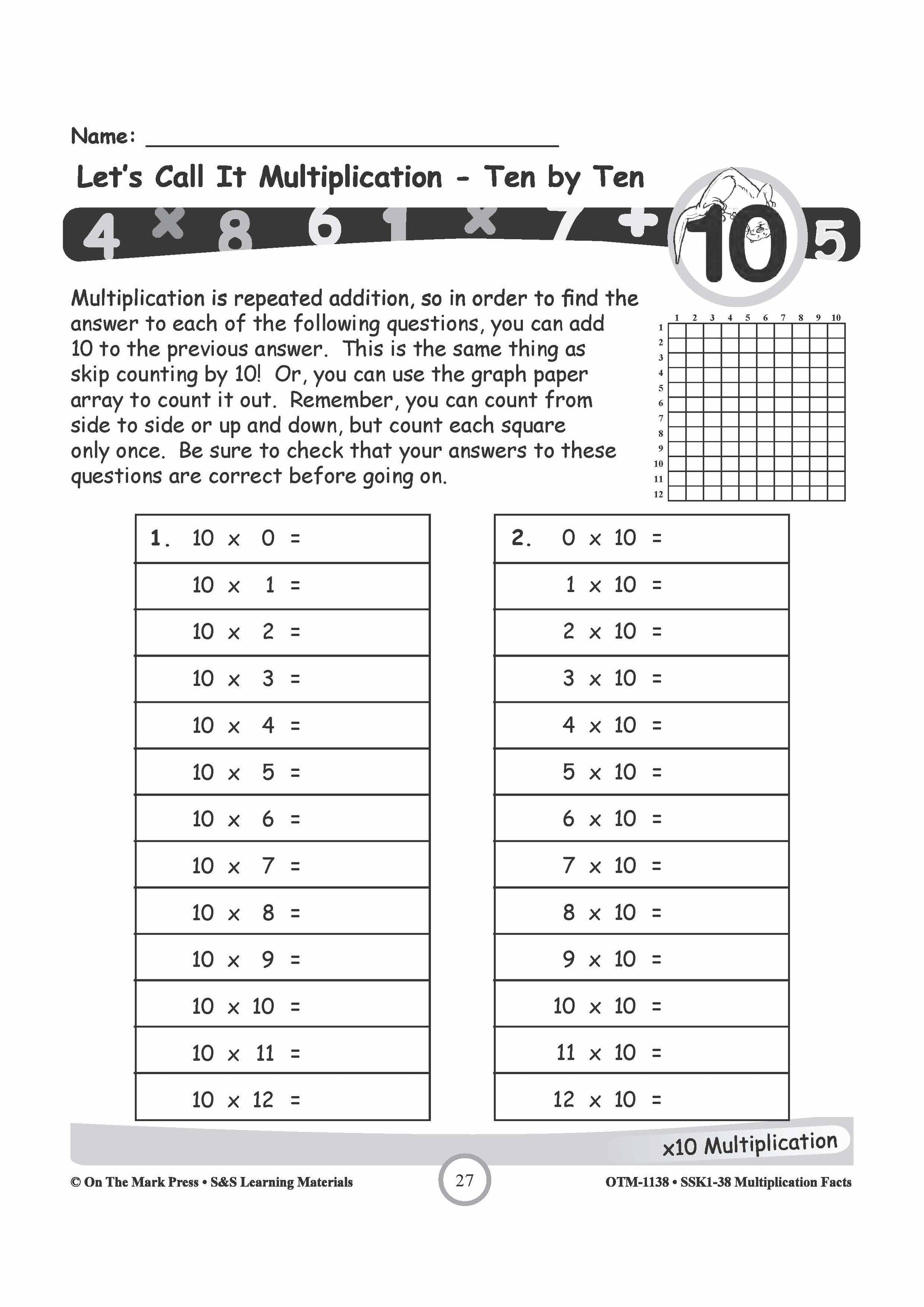 Multiplication Facts 1,2,5, & 10 Worksheets Grades 3-5
