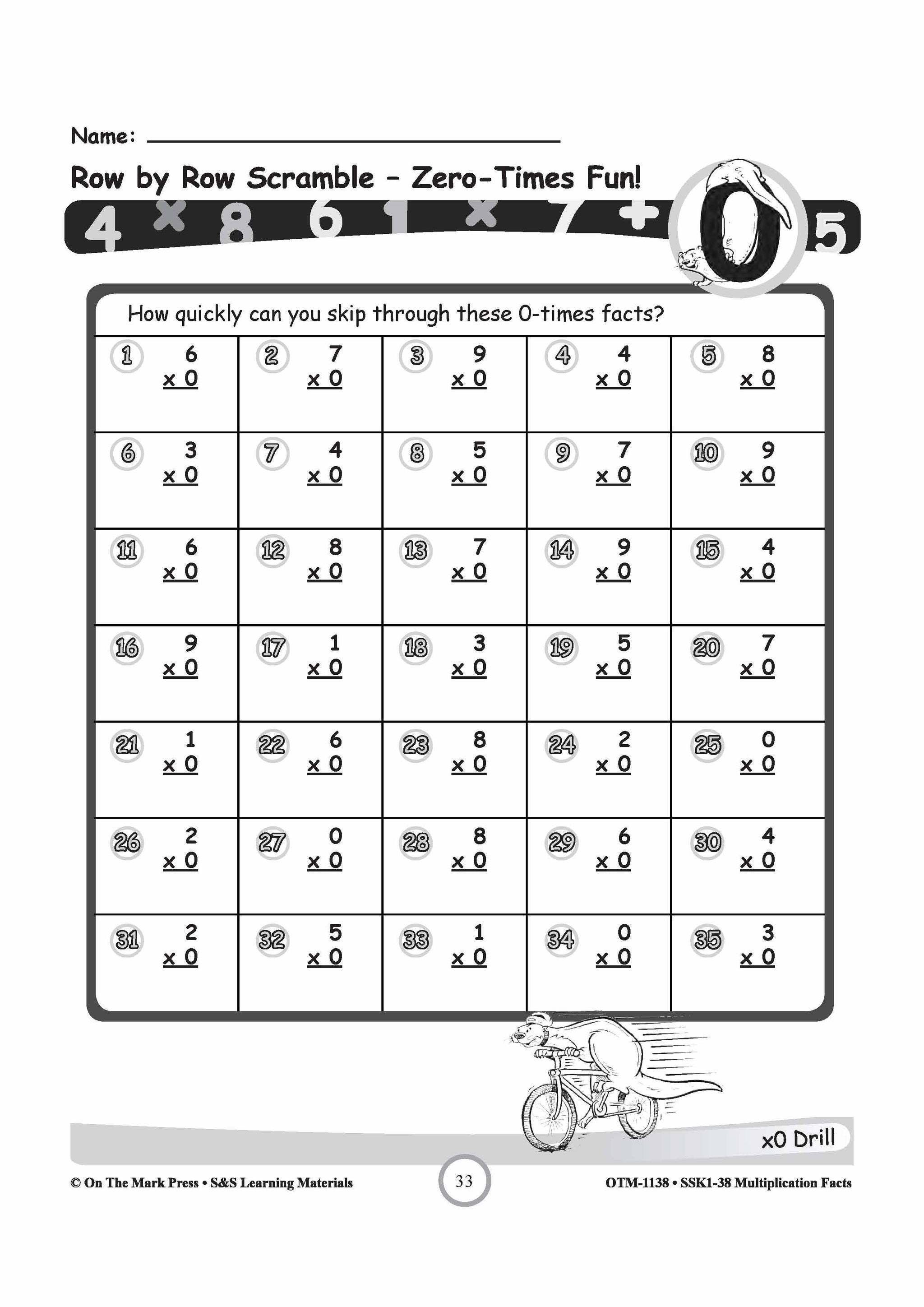 Multiplication Facts 0,3,9,11 & 12 Worksheets Grades 3-5
