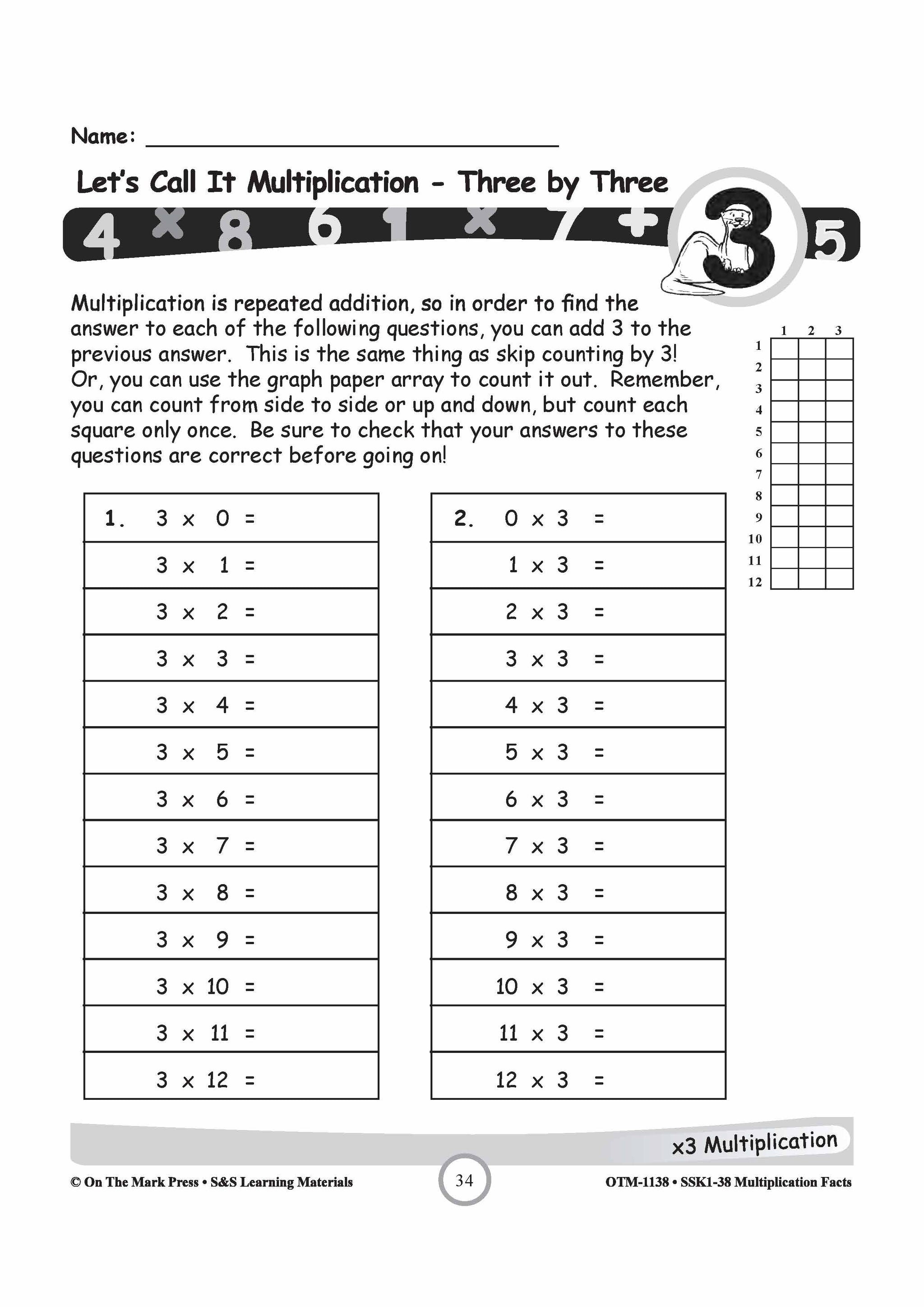 Multiplication Facts 0,3,9,11 & 12 Worksheets Grades 3-5