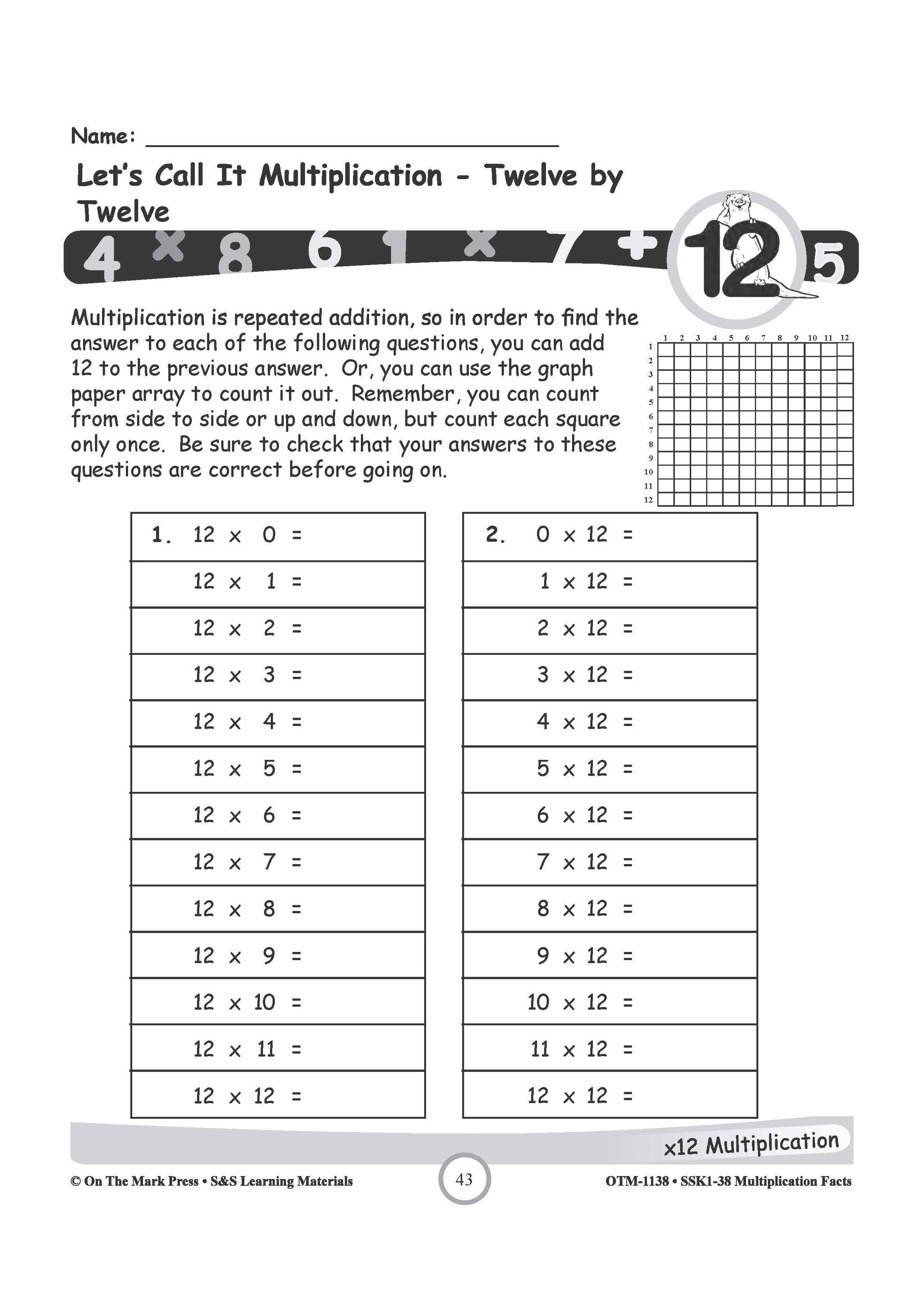 Multiplication Facts 0,3,9,11 & 12 Worksheets Grades 3-5