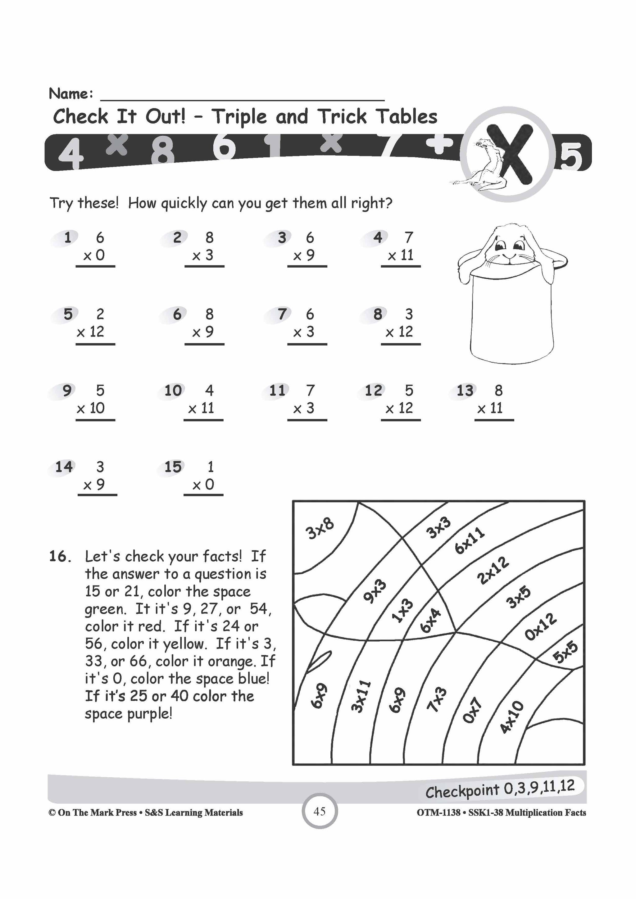 Multiplication Facts 0,3,9,11 & 12 Worksheets Grades 3-5
