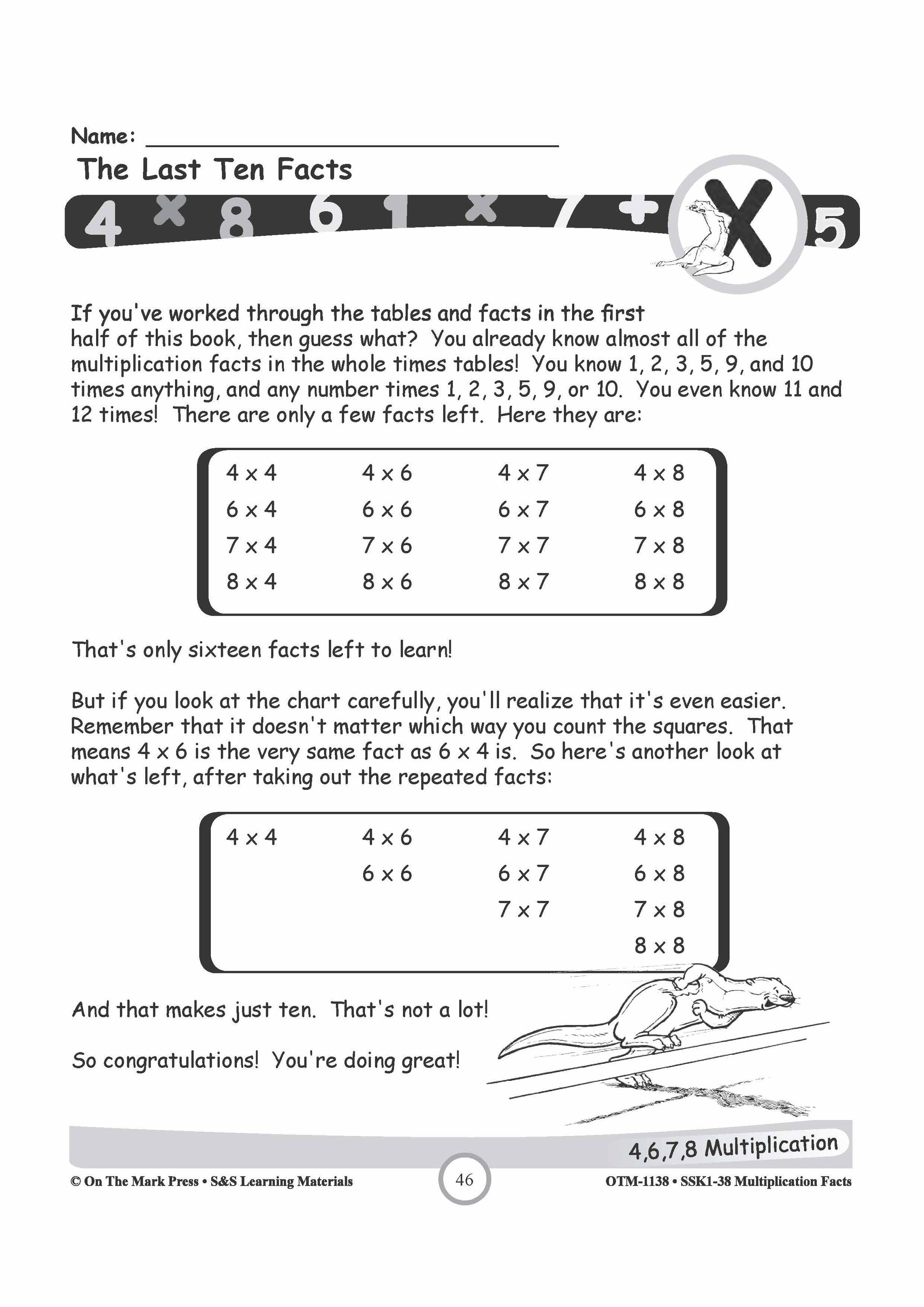 The Last 4 Times Tables - 4,6,7,8 Square Numbers Worksheets Grades 3-5