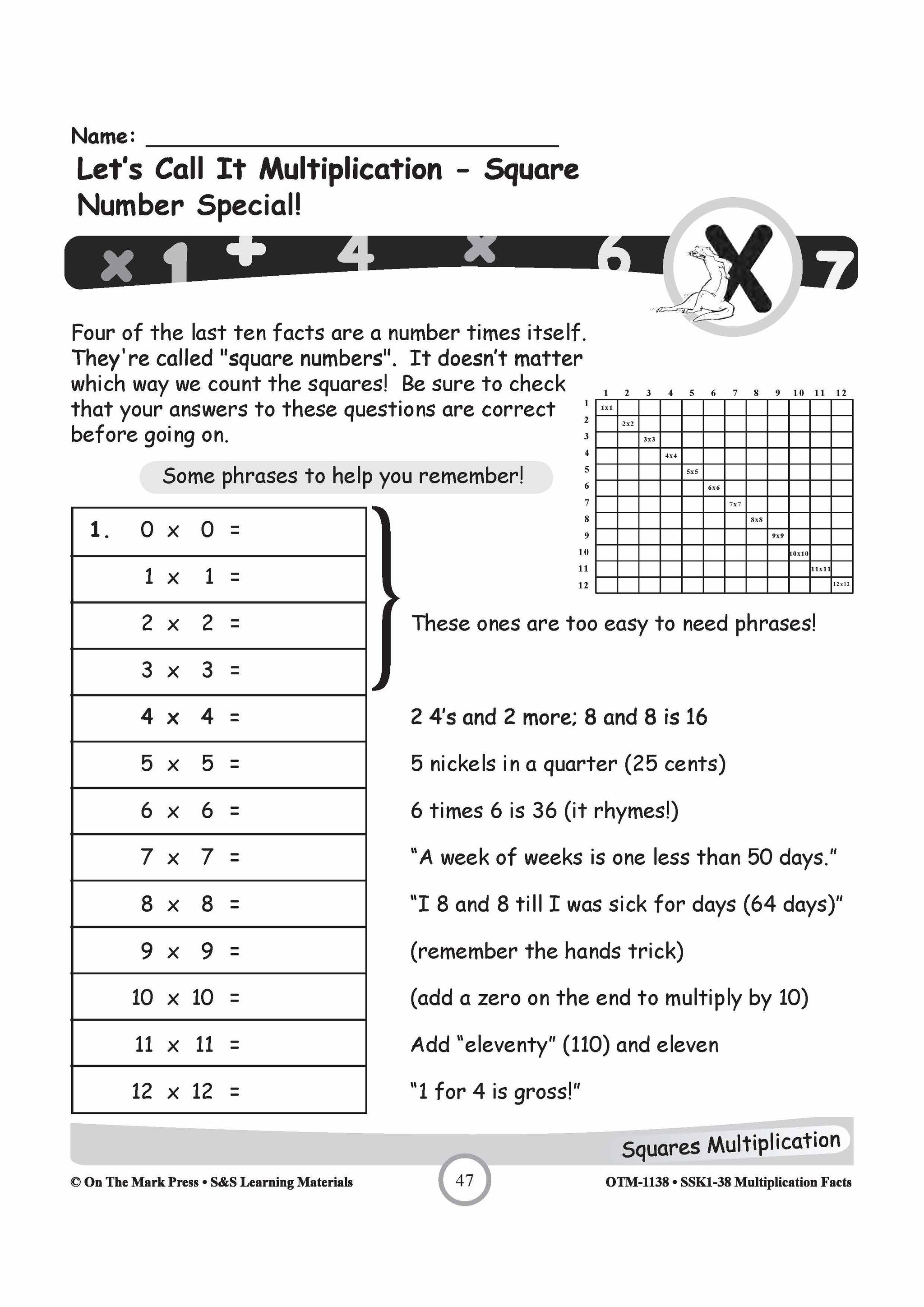 The Last 4 Times Tables - 4,6,7,8 Square Numbers Worksheets Grades 3-5