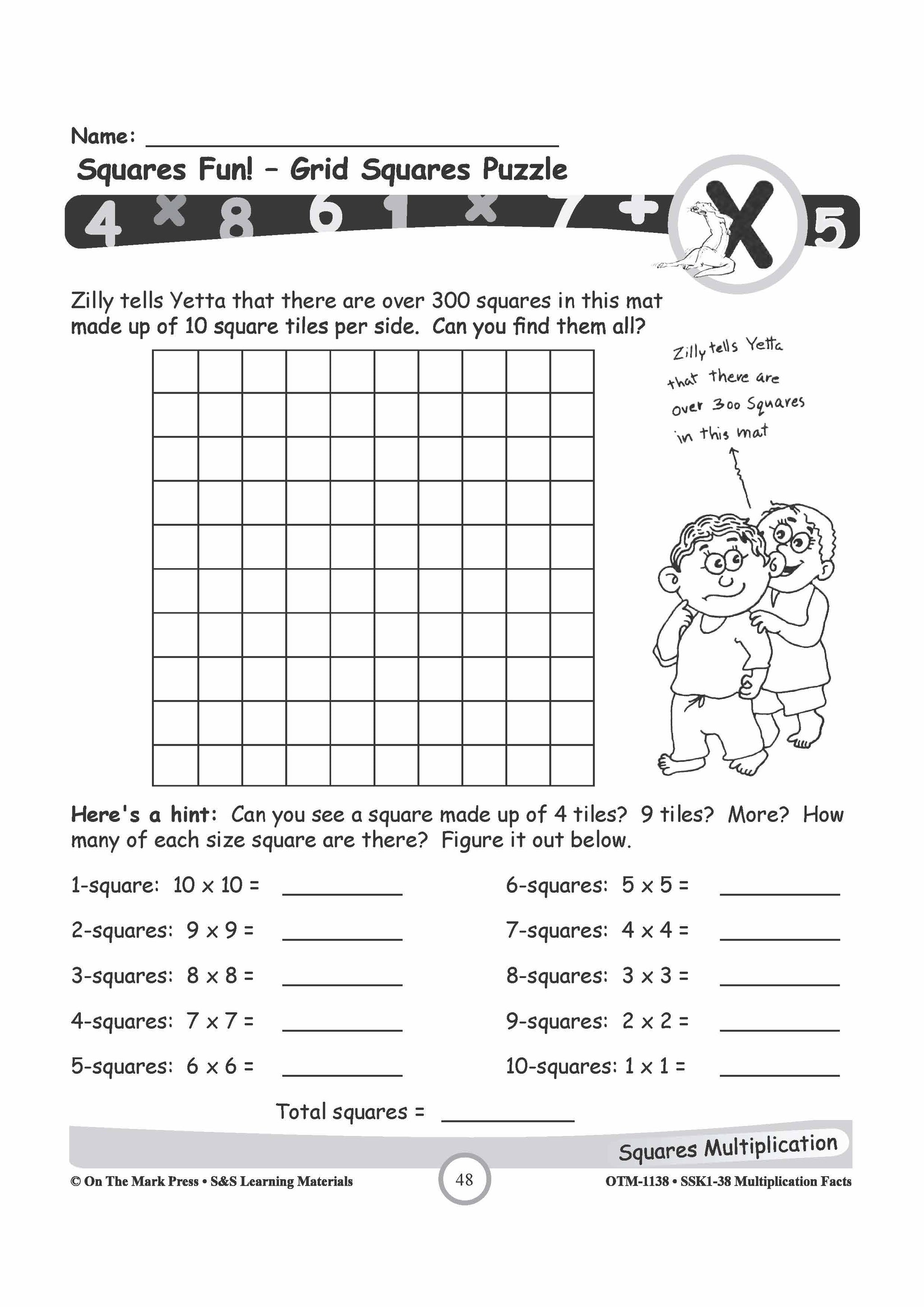 The Last 4 Times Tables - 4,6,7,8 Square Numbers Worksheets Grades 3-5