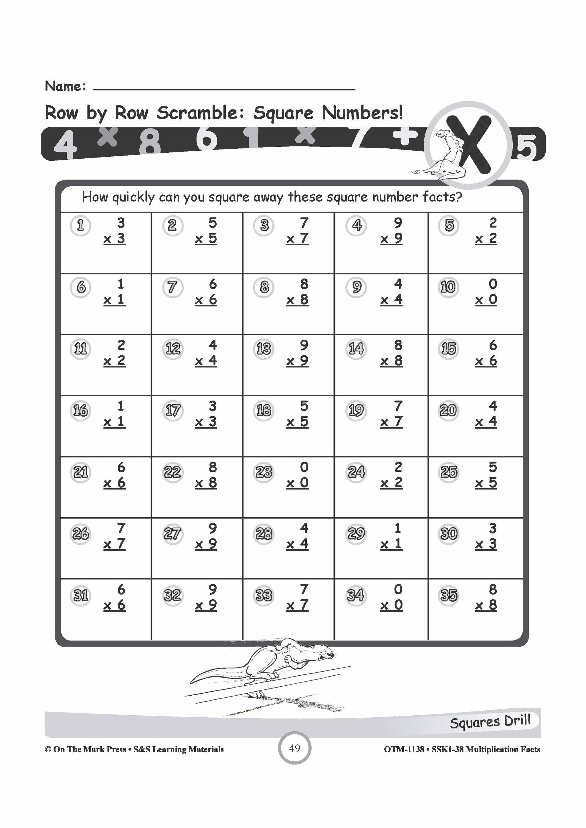 The Last 4 Times Tables - 4,6,7,8 Square Numbers Worksheets Grades 3-5