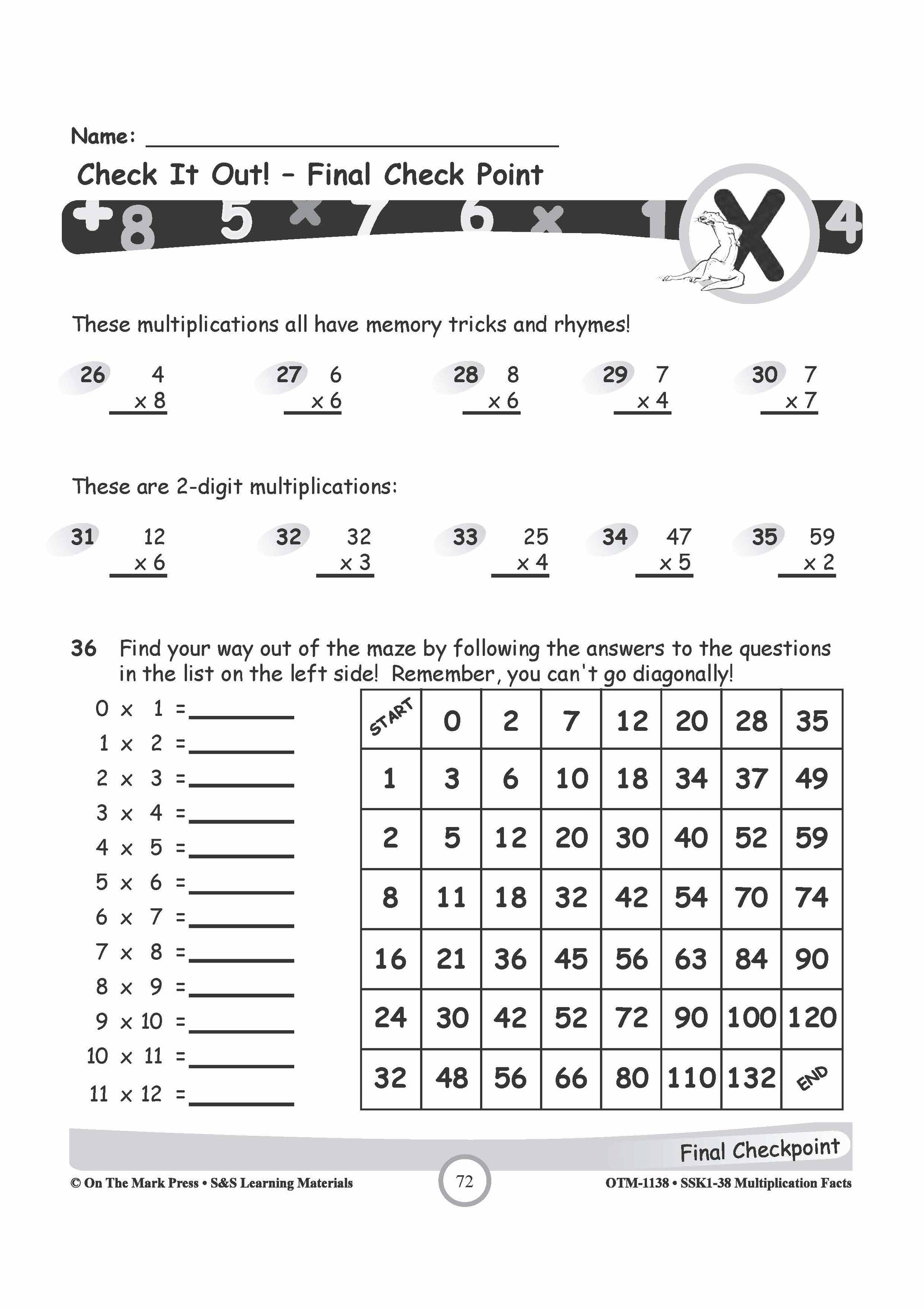 The Last 4 Times Tables - 4,6,7,8 Square Numbers Worksheets Grades 3-5