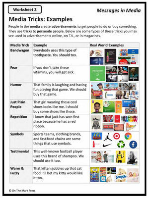 Messages In Media Activities and Worksheets Gr. 4-6  Aligned To Common Core