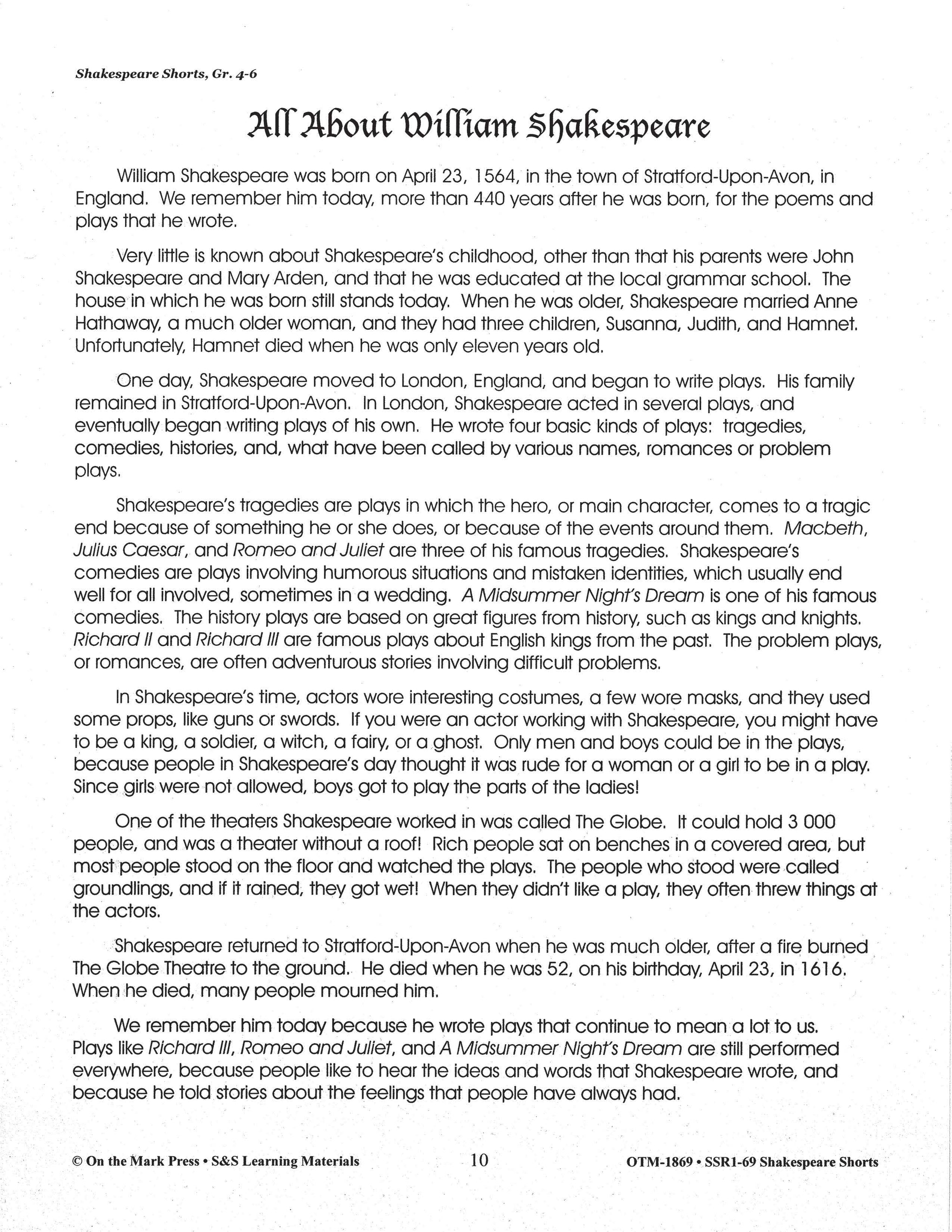 A Midsummer Night's Dream - Shakespeare Play - A Readers' Theater Script & Activities Gr. 4-6