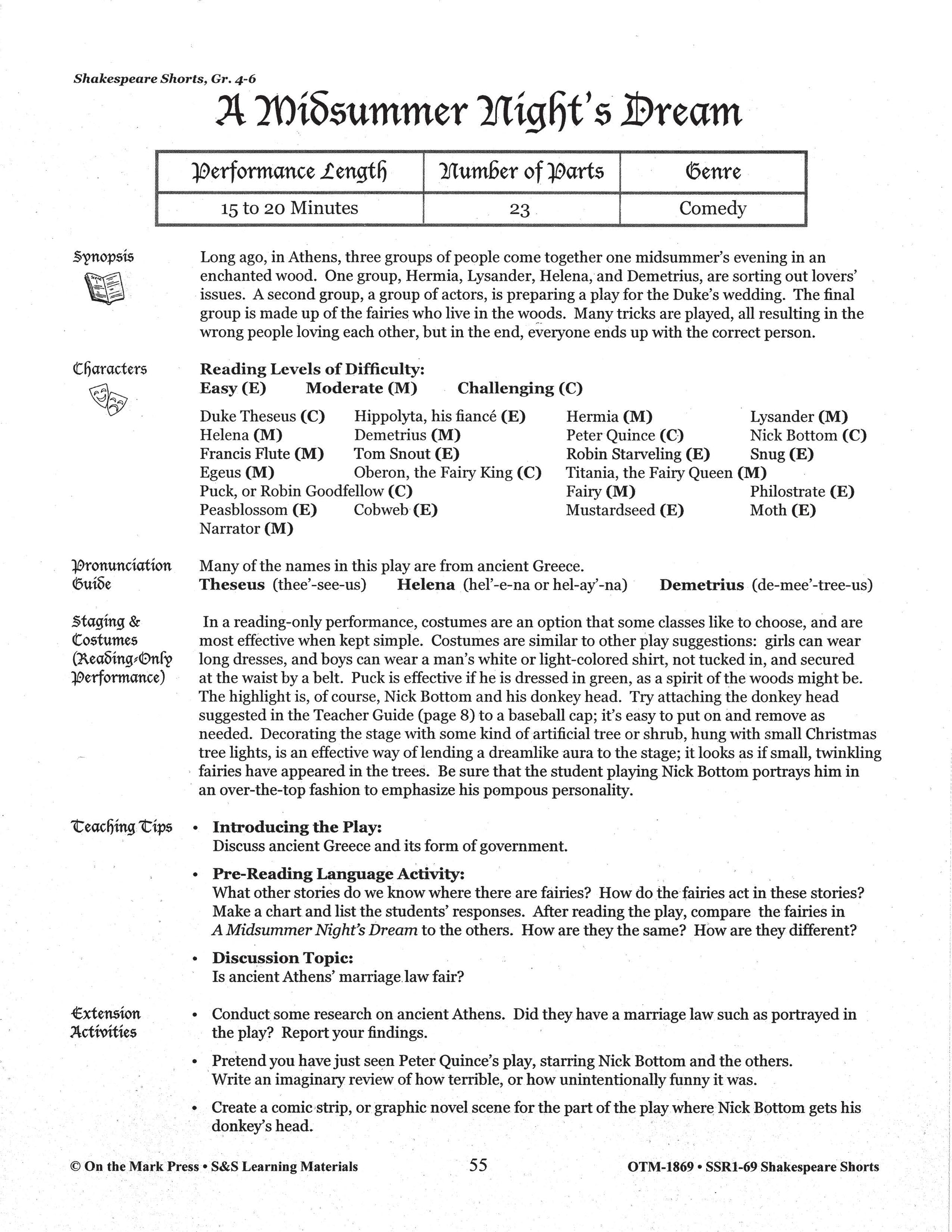 A Midsummer Night's Dream - Shakespeare Play - A Readers' Theater Script & Activities Gr. 4-6