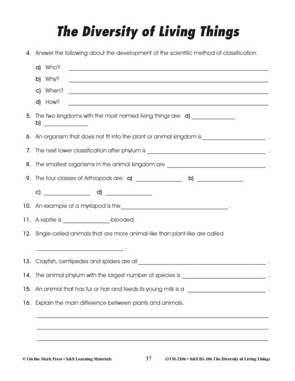 Diversity of Living Things Classification Quiz Grades 4-6