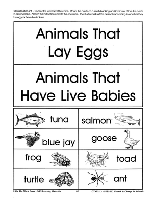 Animals that Lay Eggs and Animals that Have Babies Classification Activity Grades 2-3