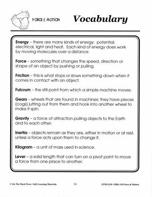 Force & Motion Vocabulary Meanings/Definitions Grades 1-3