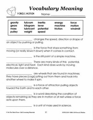 Force & Motion Vocabulary Meaning Worksheets Grades 1-3